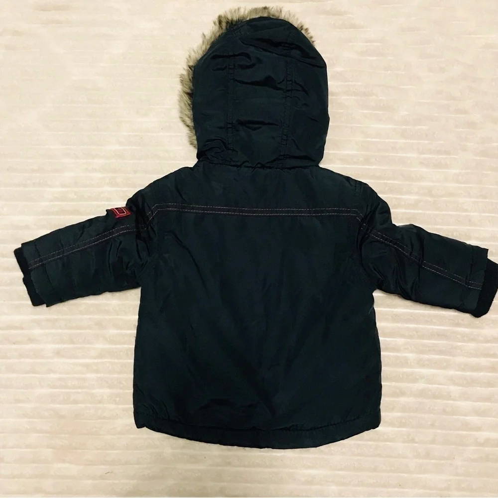 Little Explorer Navy Blue Red Fur Lined Parka Winter Coat Boy’s Size 3-6 months
